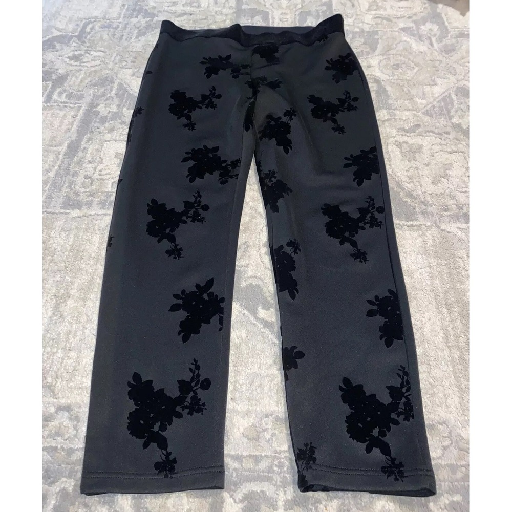 Liz Claiborne Sz Large Career Pants Pull On Black With Velvet Floral